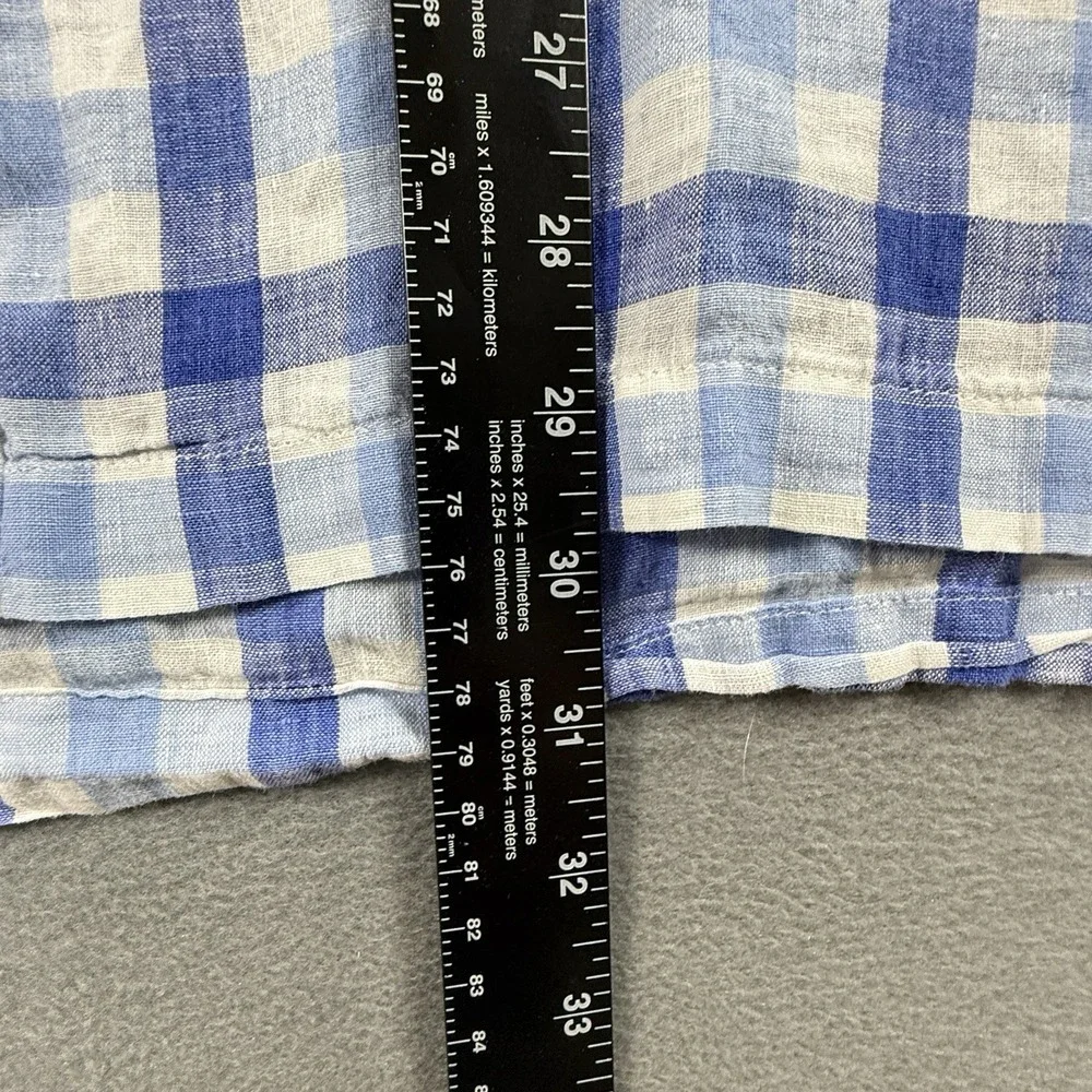 Alan Flusser Mens XL Short Sleeve‎ Button Up Shirt 100% Linen Blue White Plaid